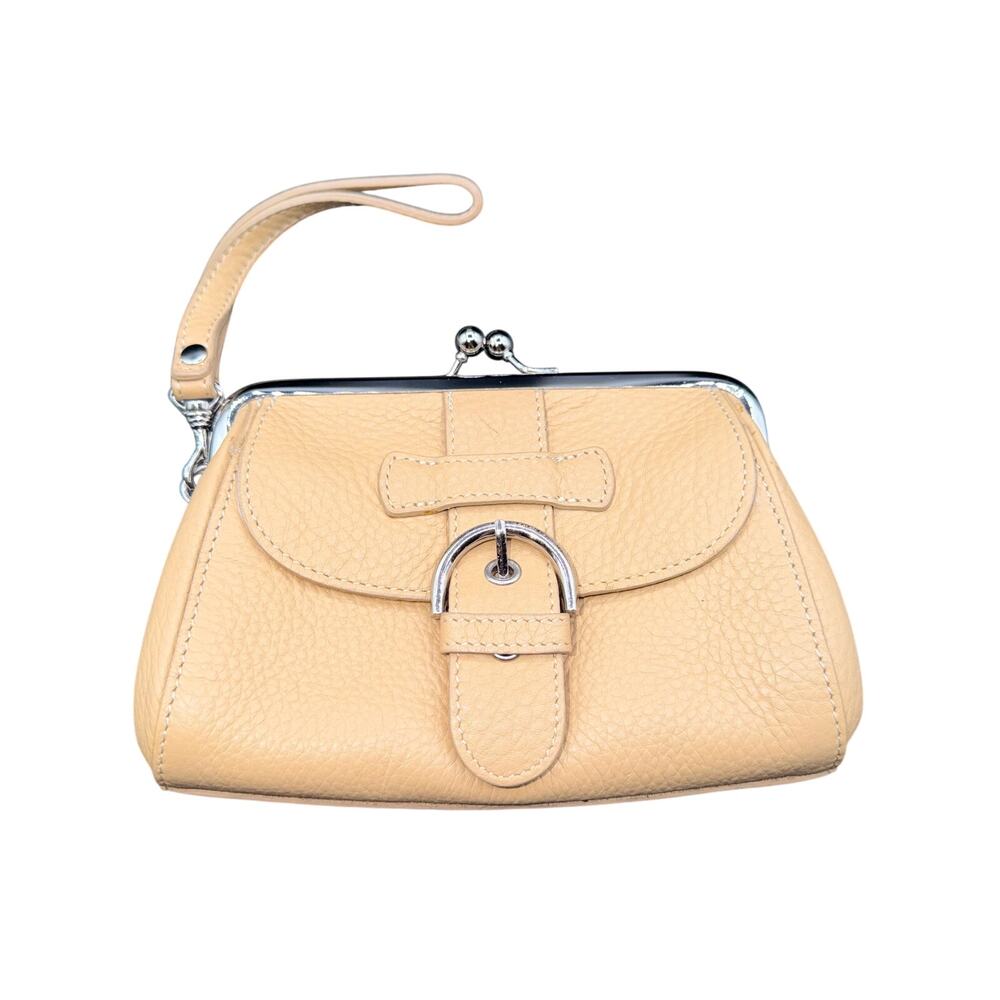 Talbots Tan Pebbled Leather Kiss Lock Wristlet Clutch Wallet Purse Beige